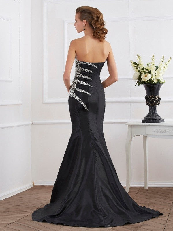 Mermaid Taffeta Strapless Sleeveless Sweep/Brush Train With Beading Dresses